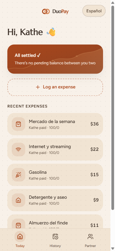 screenshot of the Today screen with the calculated balance (e.g. «Nico owes Sofía $87.500»)