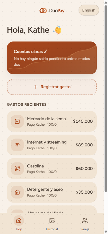captura de la pantalla Hoy con el balance calculado (ej. «Nico le debe a Sofía $87.500»)